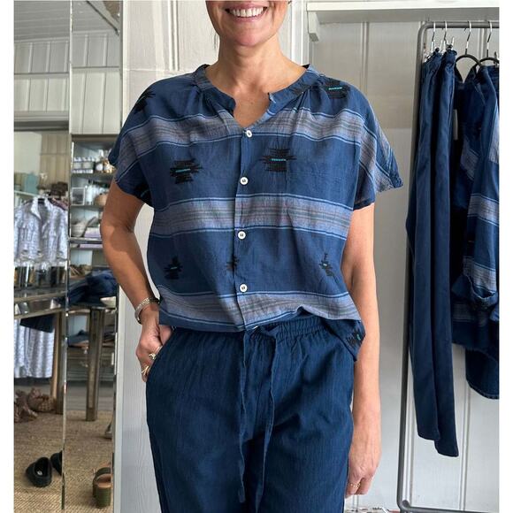 BSBEE Ollie Shirt Encino Navy Boho Southwestern Print 100% Cotton SZ S - Picture 1 of 8